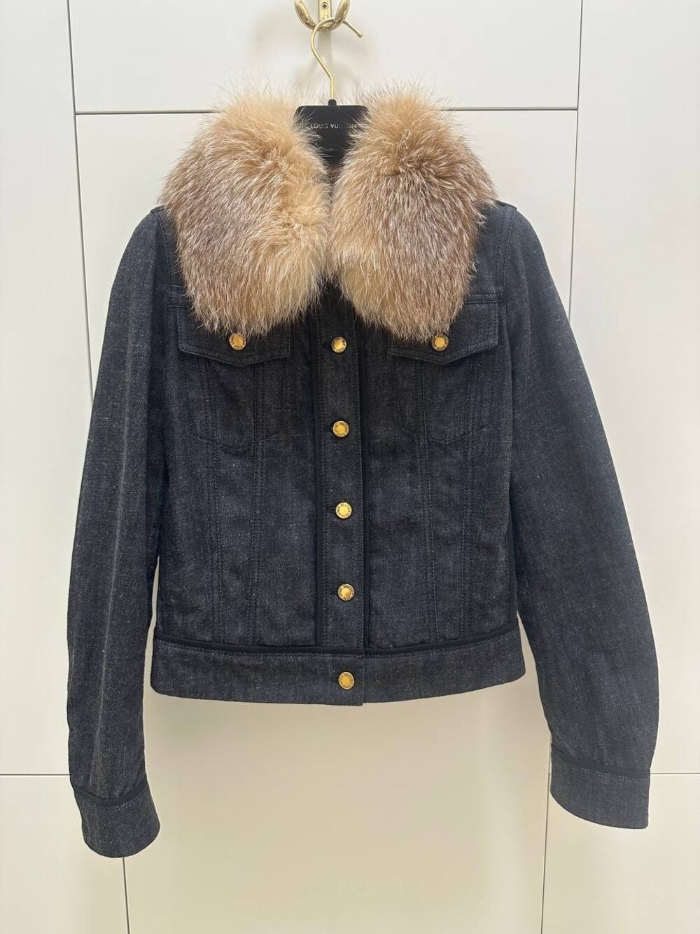 Louis Vuitton Denim Jacket Fur Collar Gold Buttons Women’s Size 36
